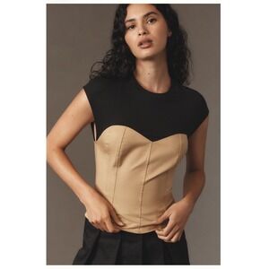 Anthropologie Corset Mixed Media‎ Top Black Tan Smocked Back XL New With Tags